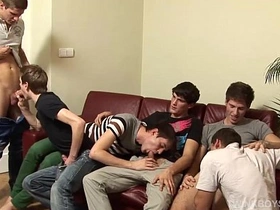 Gay group sex with bareback twinks and intense oral skills