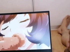 Asian guy masturbating and moaning while watching an anime girl
