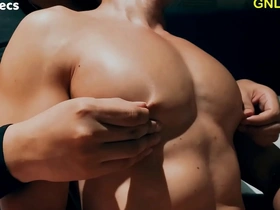 Muscular Asian man's nipples teased and licked